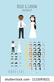 Cute cartoon Bride and Groom vector wedding illustration creation set template. Hair style, accessories, hair colour. Mixed couple, interracial.