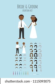 Cute cartoon Bride and Groom vector wedding illustration creation set template. Hair style, accessories, hair colour.