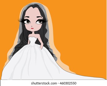 Cute cartoon bride on orange background