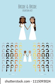 Cute cartoon Bride and Bride vector gay wedding illustration creation set template. Hair style, accessories, hair colour. Mixed couple, interracial.