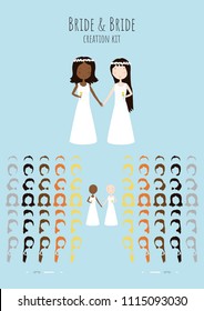 Cute cartoon Bride and Bride vector gay wedding illustration creation set template. Hair style, accessories, hair colour. Mixed couple, interracial.