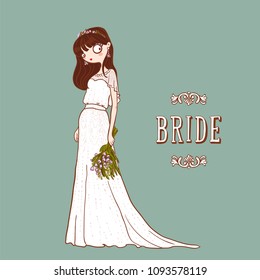 Cute cartoon Bride in white wedding dress with bouquet of flowers. Vector illustration