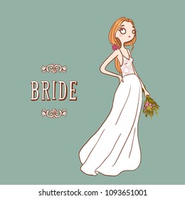 Cute cartoon Bride in white wedding dress with bouquet of flowers. Vector illustration