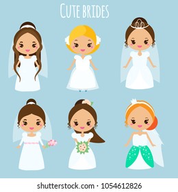 Cute cartoon brides. Princess in wedding dresses. Kawaii fiancee icons. Vector illustration for bridal design, scrapbook, stickers