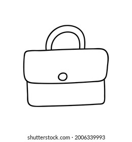 Cute cartoon briefcase with buttons for documents for office work, school, university. Vector doodle illustration isolated on the background with hand drawn doodle outline.
