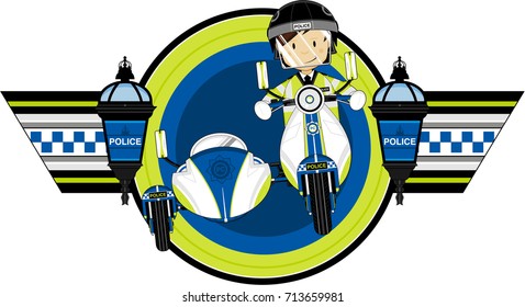 Cute Cartoon British Policeman on Scooter
