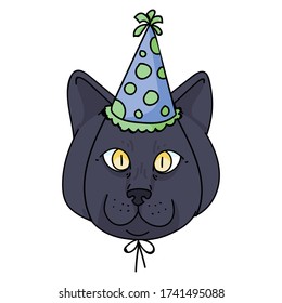 Cute cartoon British shorthair cat face with party hat vector clipart. Pedigree kitty breed for cat lovers. Celebration kitten for pet parlor illustration mascot. Isolated feline housecat. EPS 10.