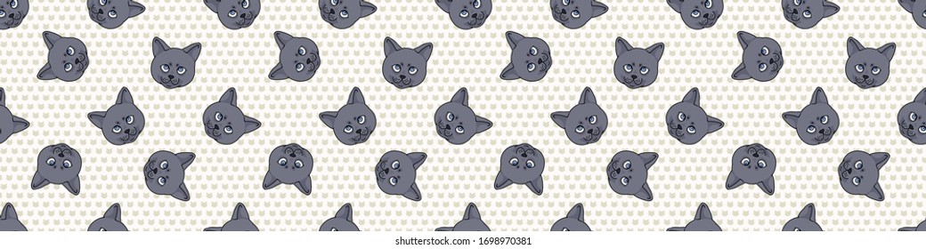 Cute cartoon British shorthair kitten face seamless border pattern. Pedigree kitty breed domestic kitty background. Cat lover English purebred washi ribbon. Feline EPS 10 trim. 