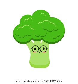 Cute cartoon broccoli with eyeglasses vegetable, kids icon isolated on white background. Healthy clever broccoli vegan emoticon. Fresh green vegetable character mascot flat design vector illustration.