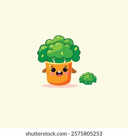 A cute cartoon broccoli with a fluffy green top and a cheerful smile. Its big, sparkling eyes radiate happiness, and its tiny arms and legs make it look full of energy. 