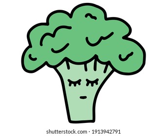 Cute Cartoon Broccoli. Hand drawn lines doodles characters. Concept of vegetables, proper nutrition, healthy eating and vegetarianism.