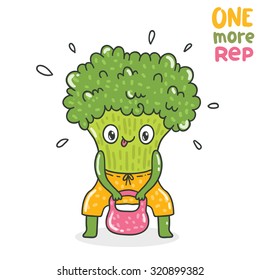 Cute cartoon broccoli lifting weight .Healthy food illustration