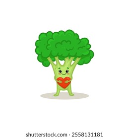 Cute cartoon Broccoli with red heart. Funny character vegetable isolated on white background. Flat style. Vector illustration  