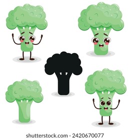 Cute cartoon broccoli set on white background