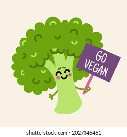 Cute cartoon broccoli vector icon. A funny green vegetable with a go vegan sign. Beautiful cabbage at the rally of vegetarians for healthy food. Colorful character in a flat style. 