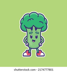 Cute cartoon broccoli in vector illustration. Isolated food vector. Flat cartoon style