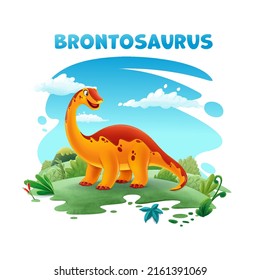 cute cartoon brontosaurus on green meadow landscape 
with nature trees clouds plants
