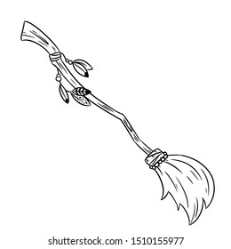 Cute cartoon broomstick doodle drawing. Isolated broom image