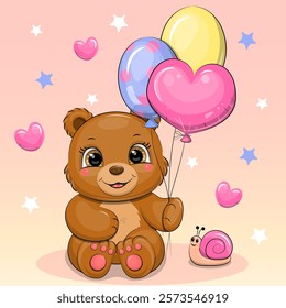 Cute cartoon brown bear with balloons and snail. Vector illustration of an animal on a pink background with hearts and stars.