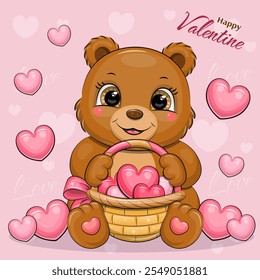 Cute cartoon brown bear with a basket full of hearts. Valentine's card. Vector illustration of animal on a pink background.