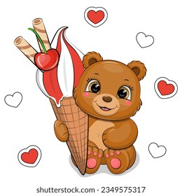 Cute cartoon brown bear with big ice cream. Summer animal vector illustration on white background with red hearts. 