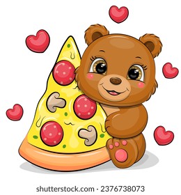 Cute cartoon brown bear with a big piece of pizza. Vector illustration of animal on a white background with red hearts.