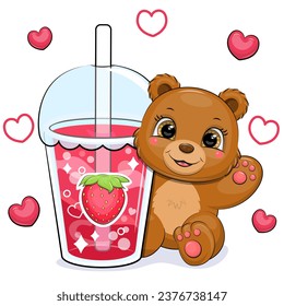 Cute cartoon brown bear with a big strawberry drink. Vector illustration of an animal and a cup of colorful water on a white background with red hearts.