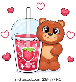 Cute cartoon brown bear with a big strawberry drink. Vector illustration of an animal and a cup of red water on a white background with red hearts.