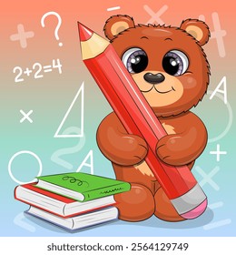 Cute cartoon brown bear with a big red pencil and books. School animal vector illustration on colorful background.