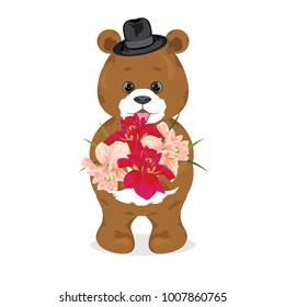 Cute cartoon brown bear in a black hat holding a bouquet of flowers.Red blooming flowers.Plush character is standing and smiling.Design element Greeting card birthday,Valentine day, wedding,invitation