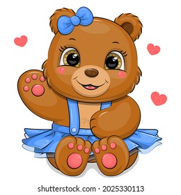 Cute Cartoon Brown Bear With Blue Skirt And Hair Bow. Vector Illustration Of An Animal On A White Background.