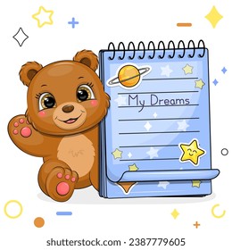 A cute cartoon brown bear with a blue notebook with stickers. Vector illustration of an animal on a white background with stars, circles.