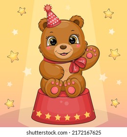 Un lindo oso pardo de dibujos animados con arco y sombrero en el circo. Ilustración vectorial de un animal sobre un fondo amarillo con estrellas.