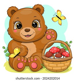 Cute cartoon brown bear with butterflies and a basket full of mushrooms. Vector illustration of an animal.