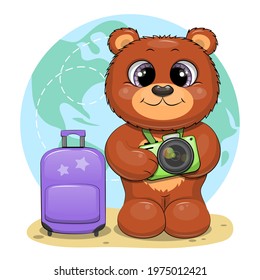 Cute cartoon brown bear with camera and suitcase. Vector illustration with an animal.