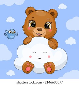 Cute cartoon brown bear with cloud and bird. Vector illustration of animals flying in the sky.