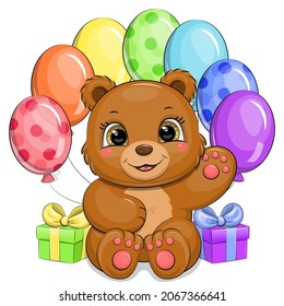 Cute cartoon brown bear with colorful balloons and gifts. Vector illustration isolated on white background.