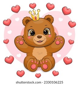 Cute cartoon brown bear with a crown in a heart frame. Vector illustration of an animal on a red background.