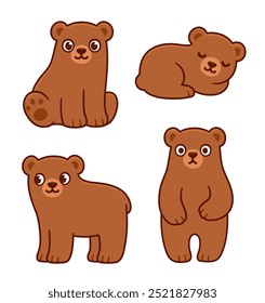 Bonito desenho de filhotes de urso pardo desenho animado conjunto. Ilustração de clip-art de vetor simples.