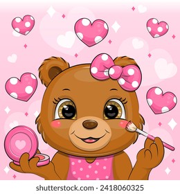 Cute cartoon brown bear do makeup. Vector illustration of animal with blush and brush on pink background and heart.