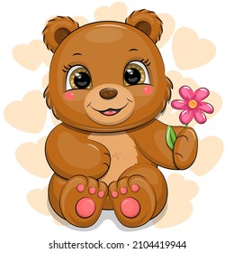 Un lindo oso pardo con flores. Ilustración vectorial de un animal sobre un fondo blanco con corazones.