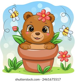 Cute cartoon brown bear in a flower pot with bees and flowers. Vector illustration of animal in nature.