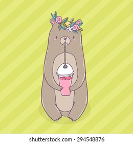 Cute cartoon brown bear with flower wreath on his head sitting and drinking fruit / berry smoothie. Healthy lifestyle vector animal and food illustration.