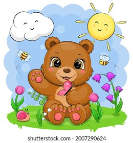 Cute cartoon brown bear with flowers, bees, butterfly, sun and cloud. Vector illustration of an animal in nature.