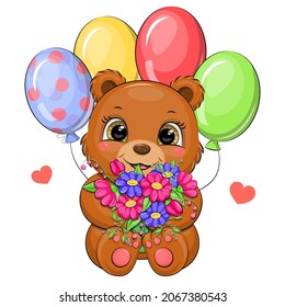 Cute cartoon brown bear with flowers and balloons. Vector illustration isolated on white background.