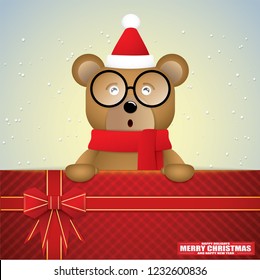Cute cartoon of brown bear and gift card for winter season.