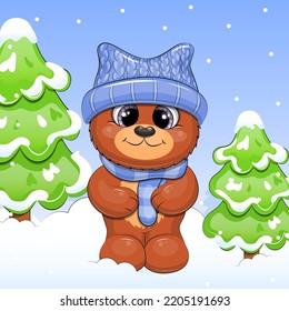 Cute cartoon brown bear in a hat and scarf. Winter vector illustration of an animal with trees on a blue background with snow.