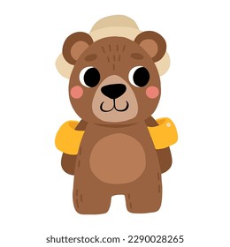 Cute cartoon brown bear in hat. Isolated summer vector illustration for childrens book.