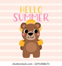 Cute cartoon brown bear in hat. Summer vector illustration for childrens book, poster, t shirt. Hello summer