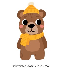 Cute cartoon brown bear with hat and scarf. Isolated vector winter illustration for childrens book.
